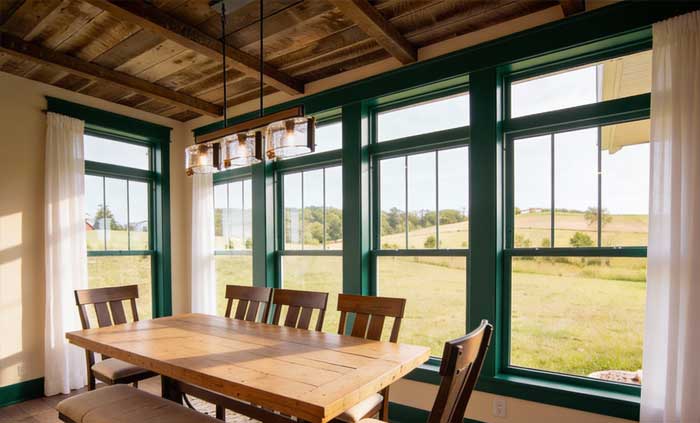 Couple sitting at a table by a large white-framed window enjoying coffee and conversation in a bright modern interior, highlighting natural light, comfort, and professional Window Replacement Atlanta services for stylish, energy-efficient spaces.