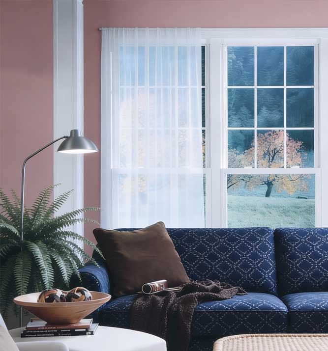 Couple sitting at a table by a large white-framed window enjoying coffee and conversation in a bright modern interior, highlighting natural light, comfort, and professional Window Replacement Atlanta services for stylish, energy-efficient spaces.