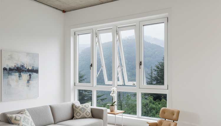Modern living room with white-framed casement windows opened for fresh air and mountain views, filling the space with natural light and showcasing sleek design with professionally installed Casement Windows Atlanta.
