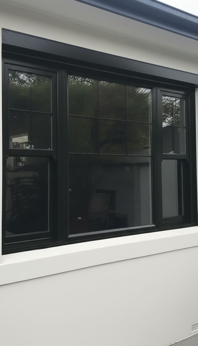 Window Replacement Dallas GA featuring stylish black-framed replacement windows on a modern home exterior, enhancing curb appeal and improving energy performance