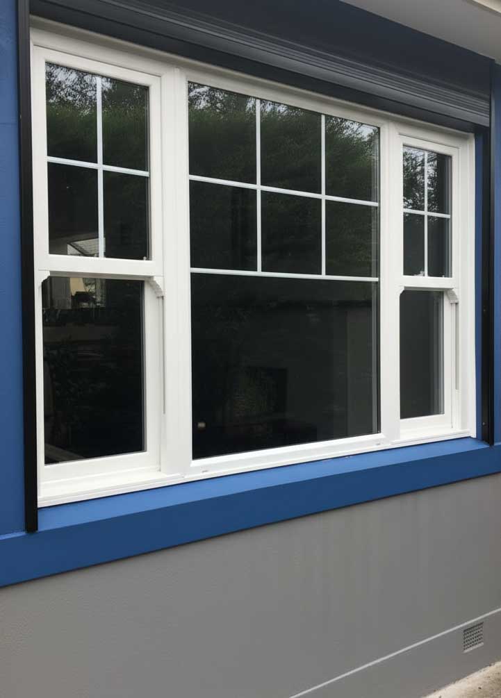 Window Replacement Dallas GA showcasing elegant white replacement windows with grid design and blue trim on a modern home exterior for improved style and efficiency