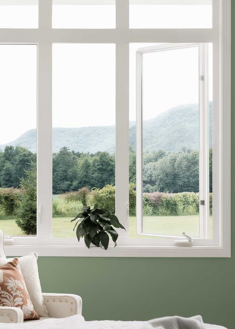 Mother and young child playing indoors beside large floor-to-ceiling windows in a bright sunroom, enjoying natural light and safety, while showcasing comfort and professional Window Replacement Marietta services for family-friendly homes.