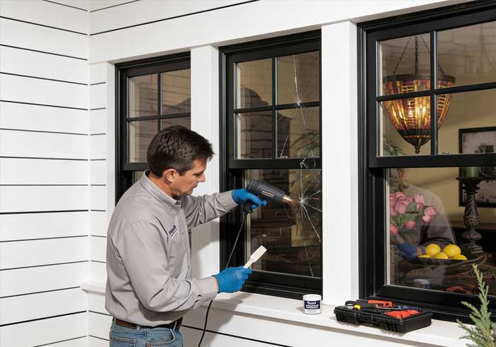 Technician repairing cracked residential window glass using professional tools for Window Replacement Norcross service and home window repair installation