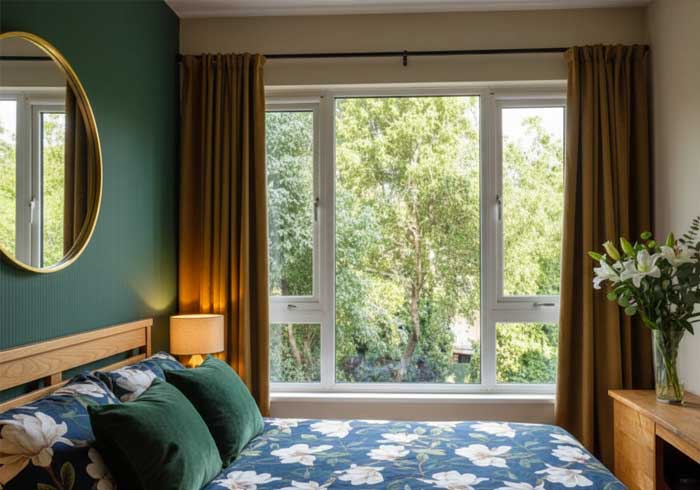 Modern bedroom with large energy-efficient windows and curtains providing natural light and outdoor view, ideal for Window Replacement Norcross home improvement service