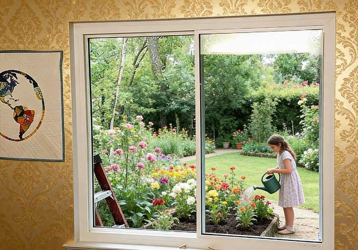 Large sliding residential window overlooking garden with child watering flowers, showcasing clear outdoor view and energy efficiency for Window Replacement Norcross homes