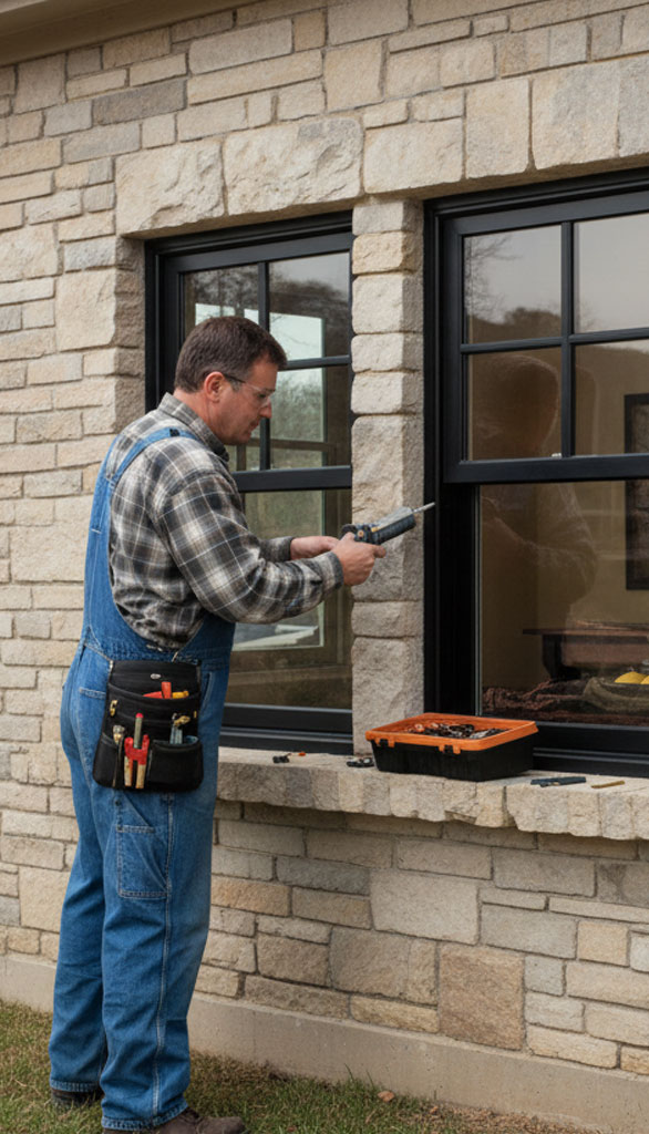 Professional technician installing and securing exterior home window frame with tools for reliable and energy-efficient Window Replacement Norcross service