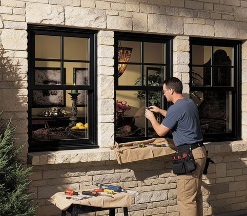 Window installation expert fitting and adjusting black framed residential windows on stone exterior for professional Window Replacement Norcross home improvement service