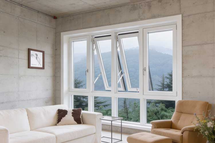 Modern living room with large white-framed sliding windows opened to mountain views, filling the space with natural light and fresh air while showcasing sleek design and professionally installed Sliding Windows Atlanta.