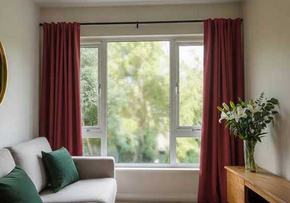 Window Replacement Woodstock featuring a modern white-framed living room window with red curtains, allowing natural light and outdoor greenery view to enhance home comfort and energy efficiency.