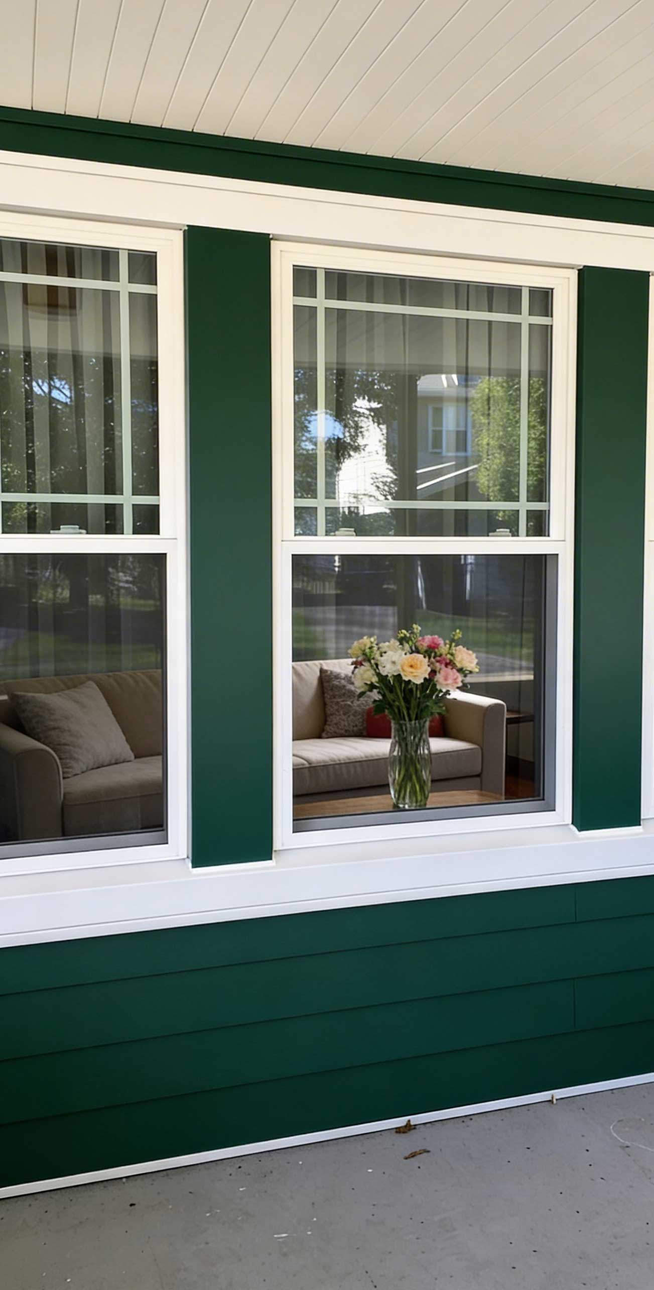 Window Replacement Woodstock featuring white double-hung windows with grid design installed on a green exterior wall, allowing clear outdoor views and bright natural light into the cozy living room interior.