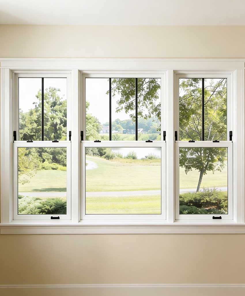 Window Replacement Woodstock featuring a set of modern white-framed double-hung windows with black hardware, providing wide outdoor views of greenery and allowing bright natural light to enhance the interior space.
